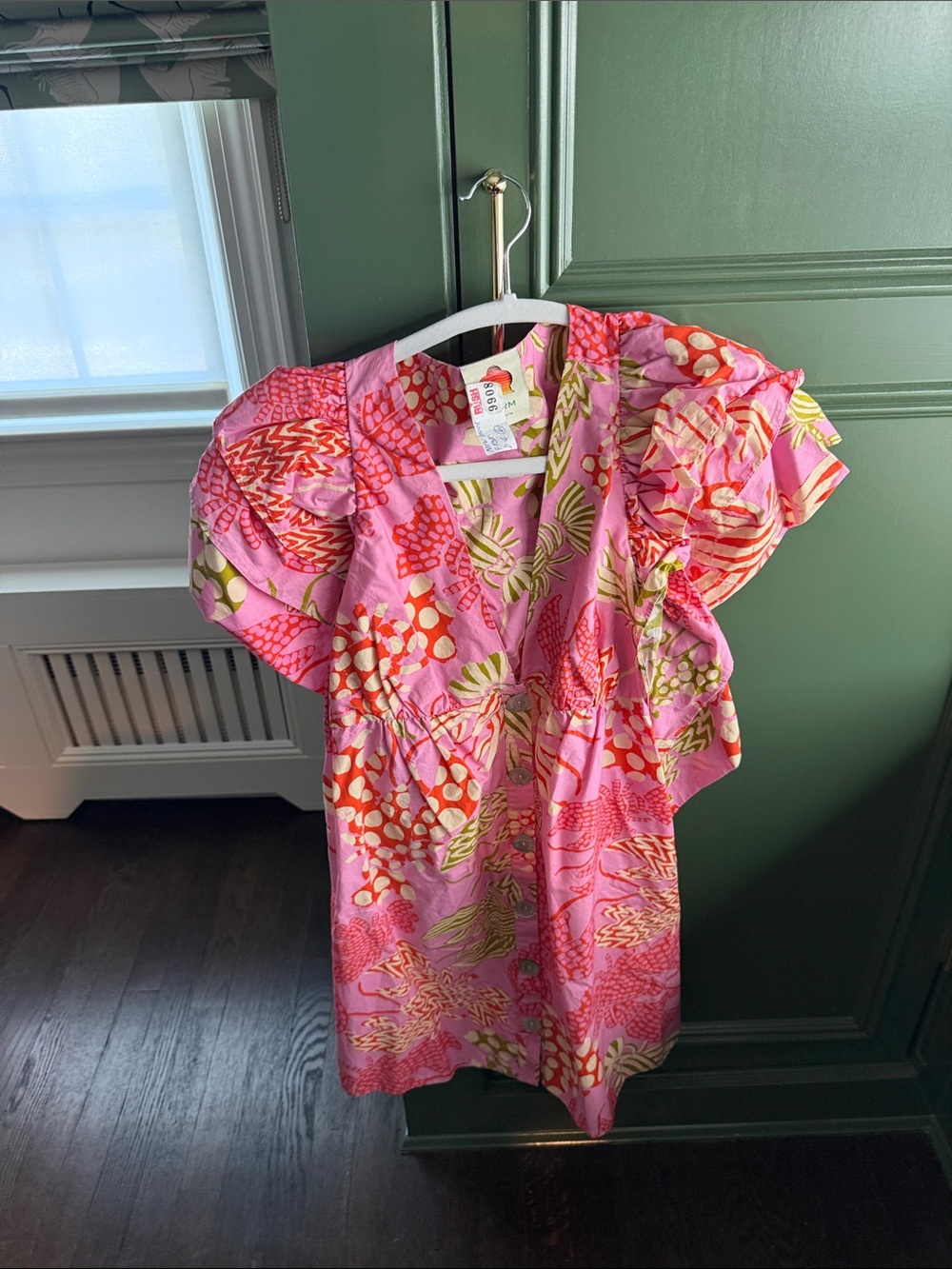 Pink Tropical Print Puff Sleeve Dress - Picture 1 of 1